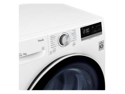 Close-up of LG FDV709W control panel with drying settings and LED display