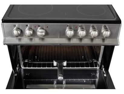 Close-up of ceramic hob with four cooking zones and residual heat indicators