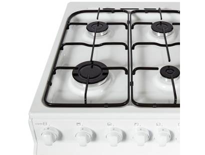 Close-up of four gas burners with enamel pan supports
