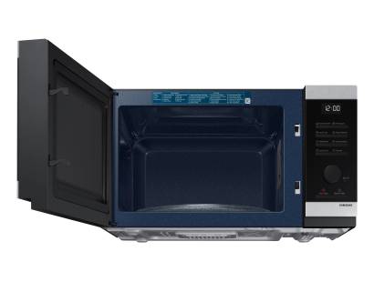 Close-up of microwave dial controls and LED display