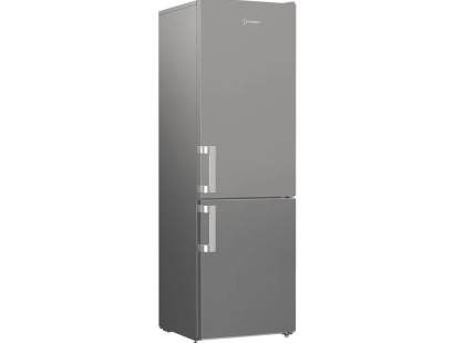Closed front view of Indesit fridge freezer with sleek silver finish