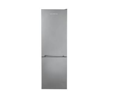 Closed front view of the Nordmende RFF335SL fridge freezer in silver