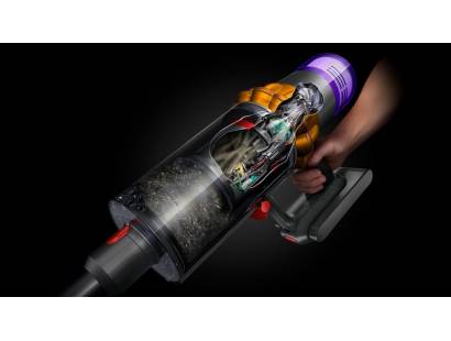 Dyson V15 Detect Extra cordless vacuum showing dust sensor and bin emptying system