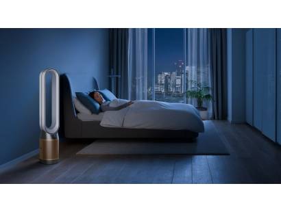Dyson air purifier TP09 in white with formaldehyde sensor and digital display in a bedroom setting