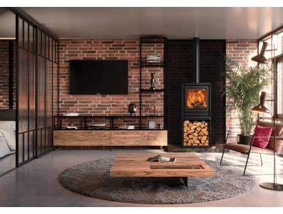 EcoDesign Stovax Riva2 55 Freestanding stove on log store base in modern room