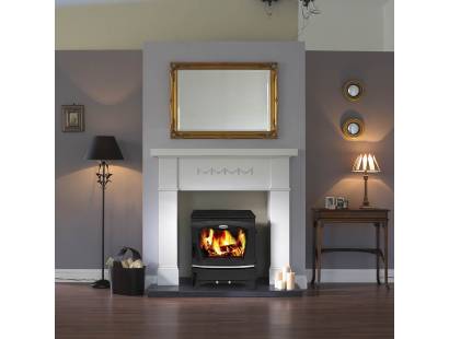 Fern Eco stove burning solid fuel in a modern living room