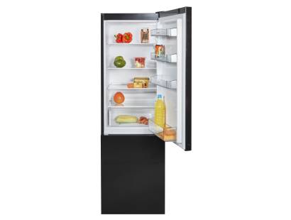 Front open view of NordMende RFF60405BL fridge freezer in black finish