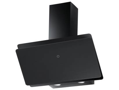 Front view of Culina ICON80H 80cm angled black glass cooker hood with LED touch controls
