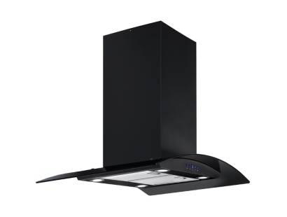 Front view of Culina ISLA90BK 90cm curved glass island cooker hood in black and glass finish