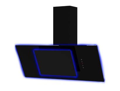 Front view of Culina UBAHALO9 90cm angled black glass cooker hood with halo edge lighting