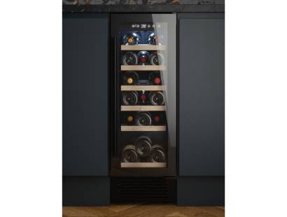 Front view of Culina UBBKWC30 30cm freestanding wine cooler in black with LED display and wooden shelves