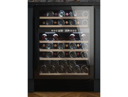 Front view of Culina UBBKWC60 60cm freestanding wine cooler with black finish and wooden shelves