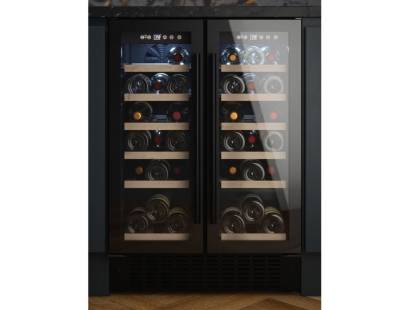 Front view of Culina UBBKWC60DD 60cm dual-zone wine cooler with twin doors in black and LED display