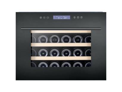 Front view of Culina UBICBKWC55 built-in column wine cooler with black drop-down door and LED display