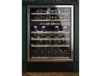 Front view of Culina UBSSWC60 60cm freestanding wine cooler with stainless steel finish and wooden shelves