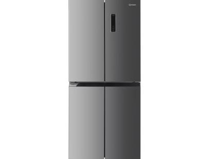 Front view of Indesit INGF6421XP4UK four door American fridge freezer in stainless steel