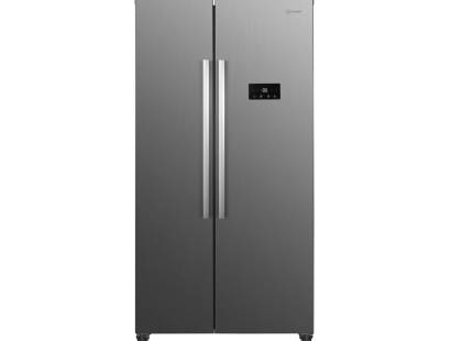 Front view of Indesit INGF6441XP4UK side by side American fridge freezer in stainless steel