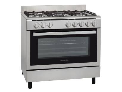 Front view of NordMende CSG92IX 90cm dual fuel range cooker in stainless steel