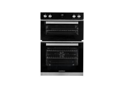 Front view of NordMende DOIC425IX double oven in black glass and stainless steel finish