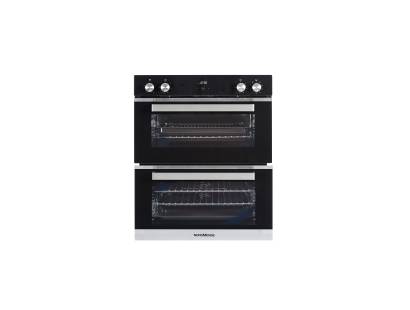 Front view of NordMende DOUC425IX built-under double oven in black glass and stainless steel