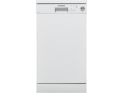 Front view of NordMende DW49WH 45cm freestanding dishwasher in white