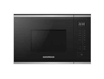 Front view of NordMende NM20IX slim-depth built-in microwave in black glass and stainless steel