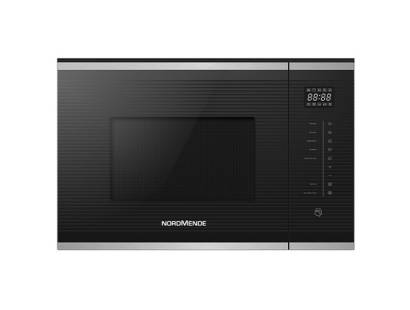 Front view of NordMende NM25IX 25L built-in microwave with black glass and stainless steel finish