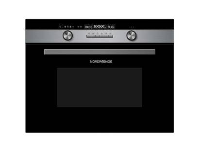 Front view of NordMende NM525IX 45cm combi microwave oven in black glass and stainless steel