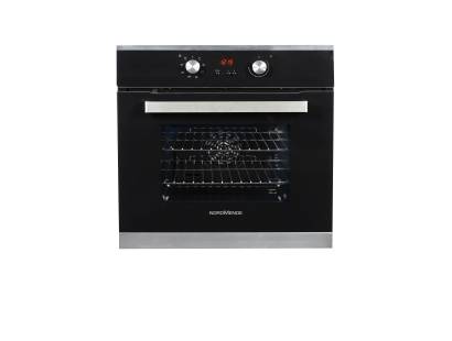 Front view of NordMende SOP416IX oven showing black glass and stainless steel design
