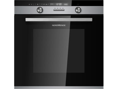 Front view of NordMende SOP525IX built-in oven with black glass and stainless steel handle