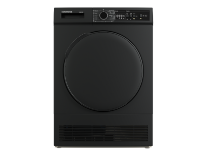 Front view of NordMende TDC81DIX heat pump dryer in dark inox
