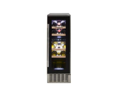 Front view of NordMende WC17IX 30cm dual zone wine cooler with stainless steel trim
