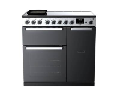 Front view of Rangemaster EDDL90EIGBLKCM1 Edge Deluxe 90cm induction range cooker with ovens and LED controls