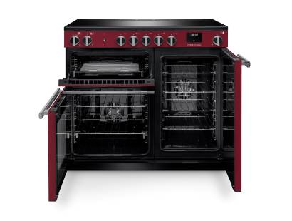 Front view of Rangemaster Professional 100 Bordeaux Induction Range Cooker showing oven doors and controls