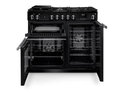 Front view of Rangemaster Professional 100 Charcoal Black Dual Fuel Range Cooker showing oven doors and controls