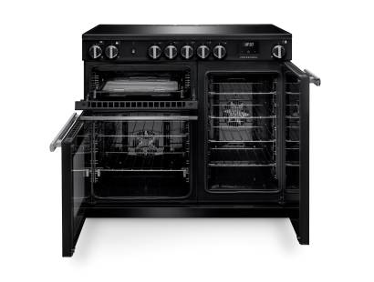 Front view of Rangemaster Professional 100 Charcoal Black Induction Range Cooker showing oven doors and controls