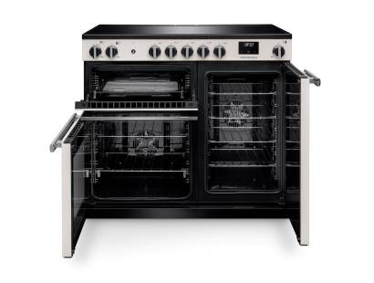 Front view of Rangemaster Professional 100 Ivory Induction Range Cooker showing oven doors and controls