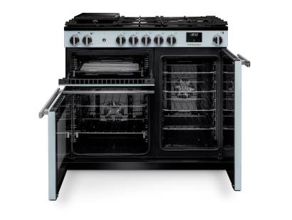 Front view of Rangemaster Professional 100 Misty Blue Dual Fuel Range Cooker showing oven doors and controls