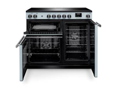 Front view of Rangemaster Professional 100 Misty Blue Induction Range Cooker showing oven doors and controls