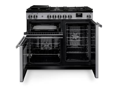 Front view of Rangemaster Professional 100 Stainless Steel Dual Fuel Range Cooker showing oven doors and controls