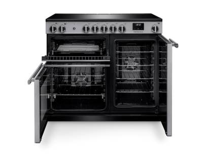 Front view of Rangemaster Professional 100 Stainless Steel Induction Range Cooker showing oven doors and controls