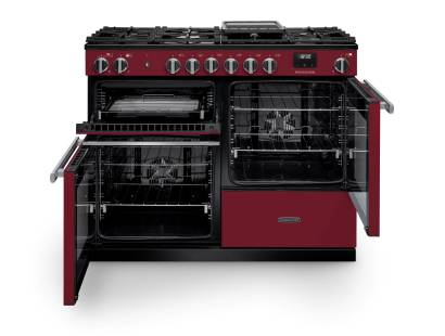 Front view of Rangemaster Professional 110 Bordeaux Dual Fuel Range Cooker showing oven doors and controls