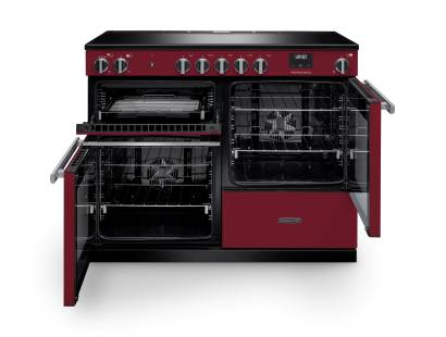 Front view of Rangemaster Professional 110 Bordeaux Induction Range Cooker showing oven doors and controls