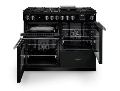 Front view of Rangemaster Professional 110 Charcoal Black Dual Fuel Range Cooker showing oven doors and controls