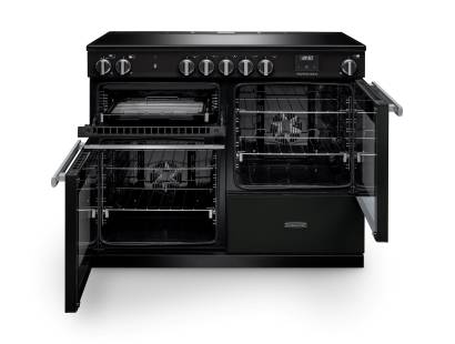 Front view of Rangemaster Professional 110 Charcoal Black Induction Range Cooker showing oven doors and controls