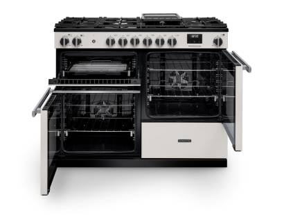 Front view of Rangemaster Professional 110 Ivory Dual Fuel Range Cooker showing oven doors and controls