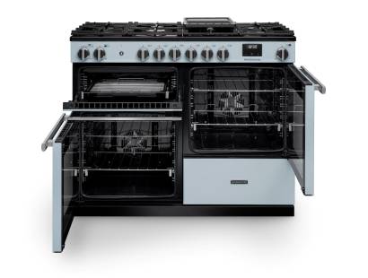 Front view of Rangemaster Professional 110 Misty Blue Dual Fuel Range Cooker showing oven doors and controls