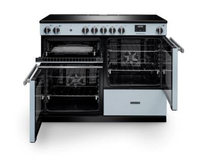 Front view of Rangemaster Professional 110 Misty Blue Induction Range Cooker showing oven doors and controls
