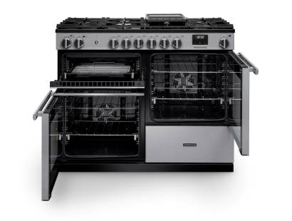 Front view of Rangemaster Professional 110 Stainless Steel Dual Fuel Range Cooker showing oven doors and controls