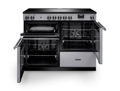 Front view of Rangemaster Professional 110 Stainless Steel Induction Range Cooker showing oven doors and controls